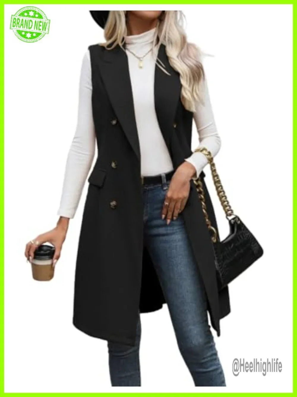 Sleeveless Long Wool Blazer Vest Double Breasted Notch Lapel